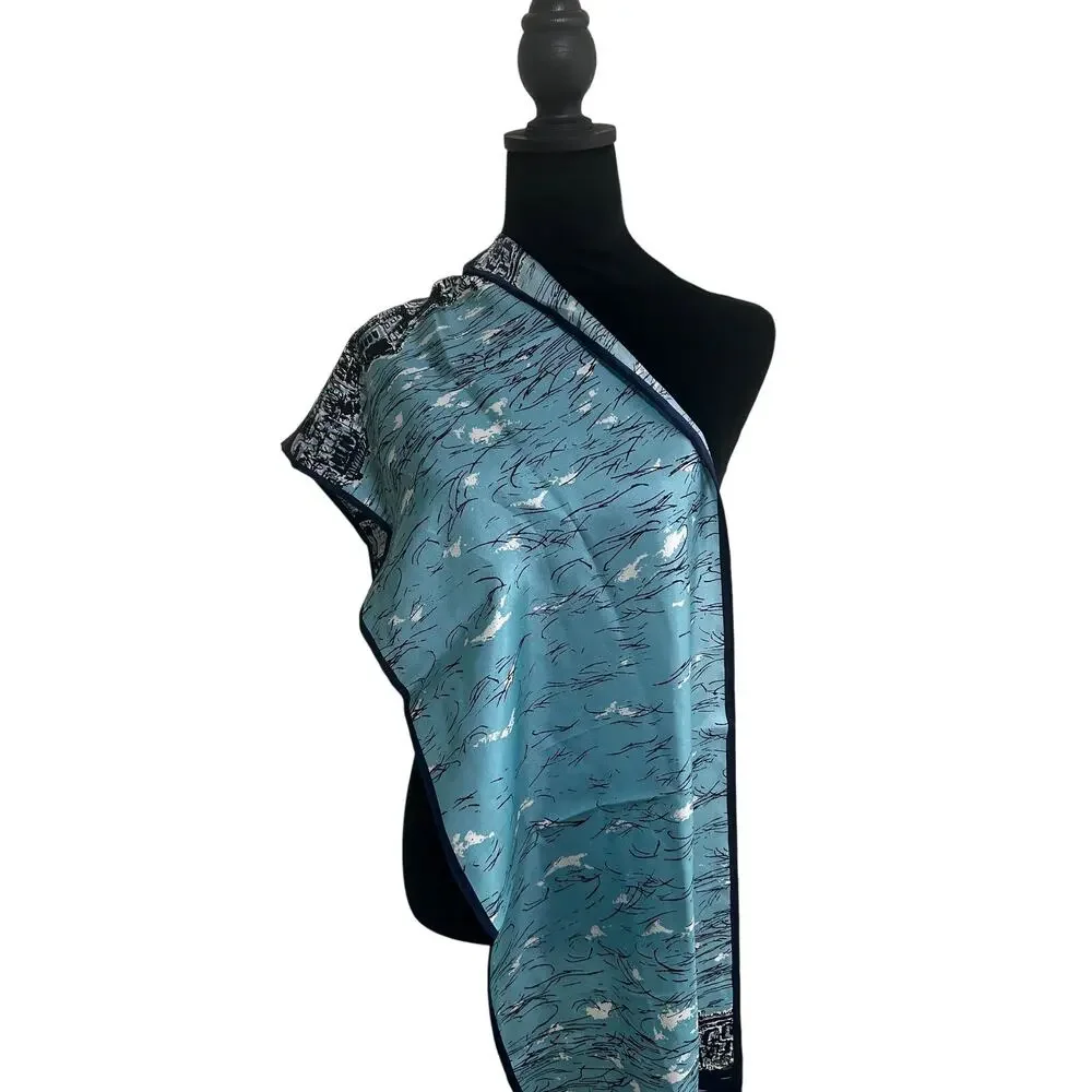 Talbots Silk Scarf Blue Venice Italy Canal Scenic Print 49x31 Oversized Luxury